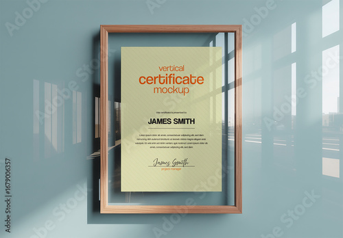 Vertical Certificate Mockup in Wooden Frame on Wall