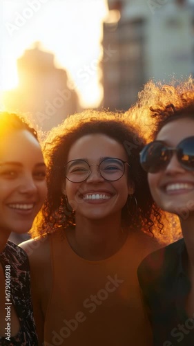 Three young women smiling together outdoors during sunset  