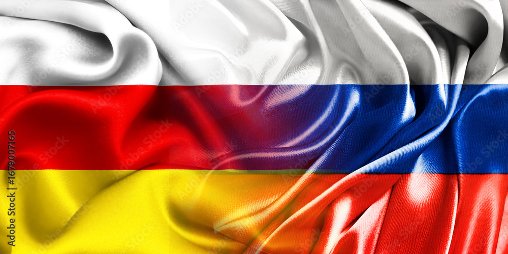 Fototapeta premium The national flags of Russia and South Ossetia are combined into one and placed side by side on a fluttering cotton background. Flags.