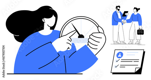 Woman pointing to a gauge, two colleagues shaking hands over a deal, checklist with user profile. Ideal for recruitment, teamwork, career progress, goal-setting, productivity, collaboration