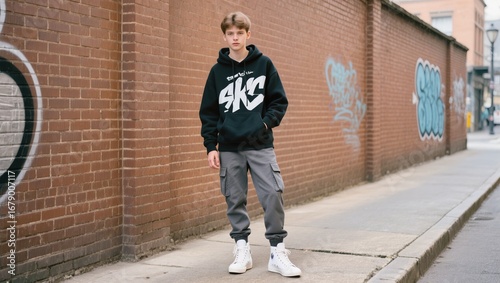 Young Person Posing in Urban Setting With Graffiti on Brick Wall in the Afternoon Light
