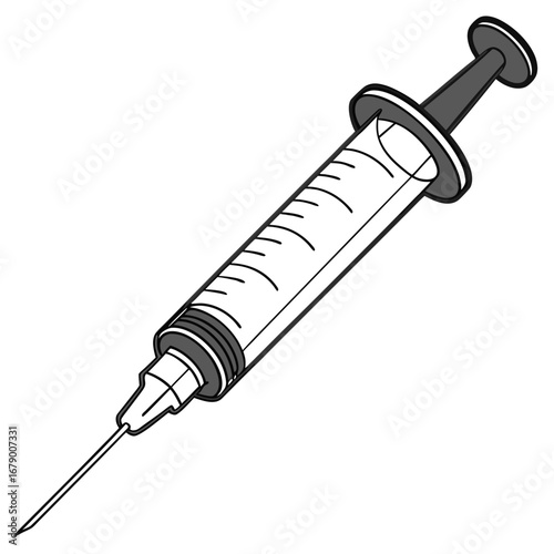 A simple black and white illustration of a medical syringe with a sharp needle and clear barrel on a white background
