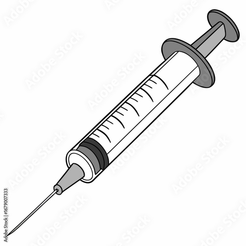 A simple black and white illustration of a medical syringe with a sharp needle and measurement markings