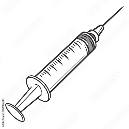 A simple black and white illustration of a medical syringe with a sharp needle and measurement markings on the barrel