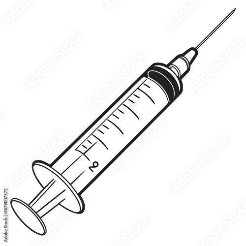 A simple black and white line drawing of a medical syringe with a needle ready for injection