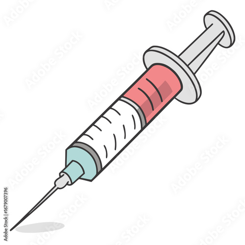 A simple cartoon illustration of a medical syringe filled with red liquid and a sharp needle