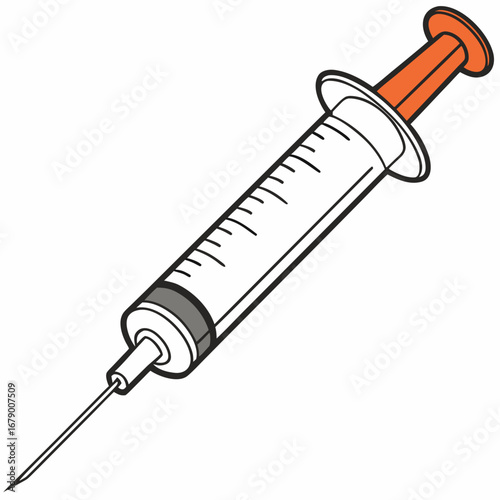 A simple illustration of a medical syringe with an orange plunger and a sharp needle on a white background
