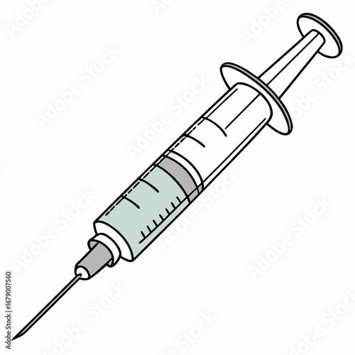 A simple line drawing of a medical syringe filled with a pale blue liquid and a sharp needle