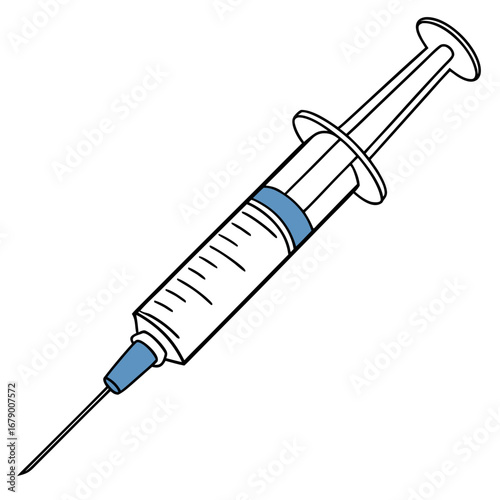 A simple line drawing of a medical syringe with a blue colored plunger and needle cap on a white background