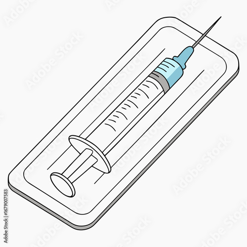 A sterile medical syringe with a blue cap and needle filled with liquid sits in its protective packaging