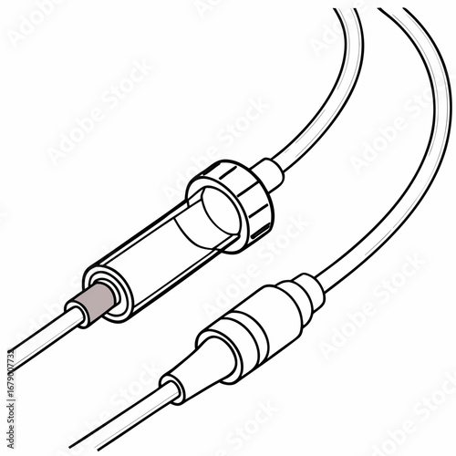 Close up line art illustration of medical intravenous drip connector and tubing on a white background