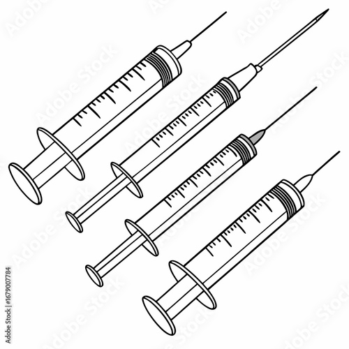 Four medical syringes with needles and measurement markings arranged diagonally on a white background