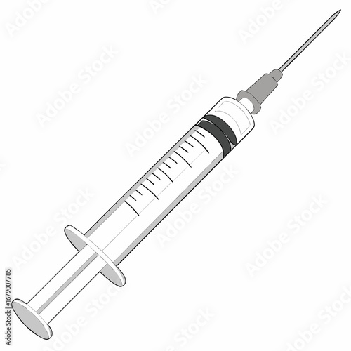 Close up of a medical syringe with a needle and measurement markings on a white background