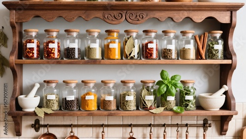 Organized Spice Rack Showcasing Various Herbs and Spices in Labeled Jars With Wooden Shelving