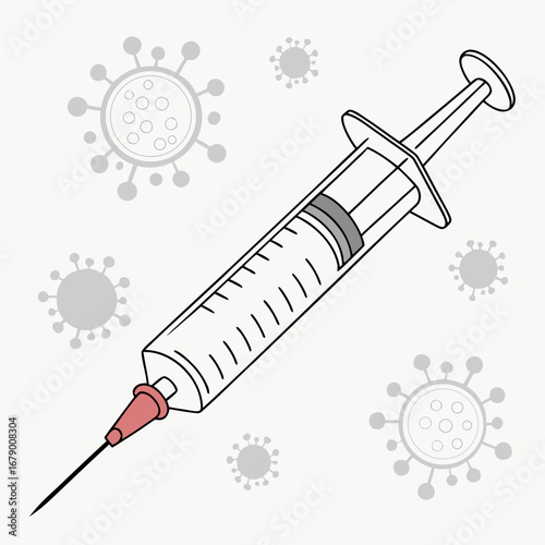 Medical syringe with needle and vaccine against virus particles representing pandemic protection and healthcare