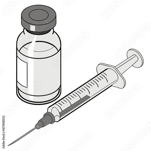 Medical syringe with needle and vial containing clear liquid on a white background symbolizing healthcare and vaccination