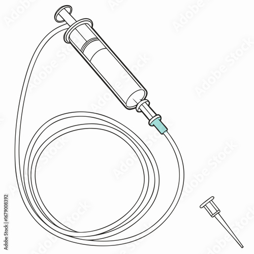 Medical syringe with tubing and cap isolated on white background in a clean line art illustration style