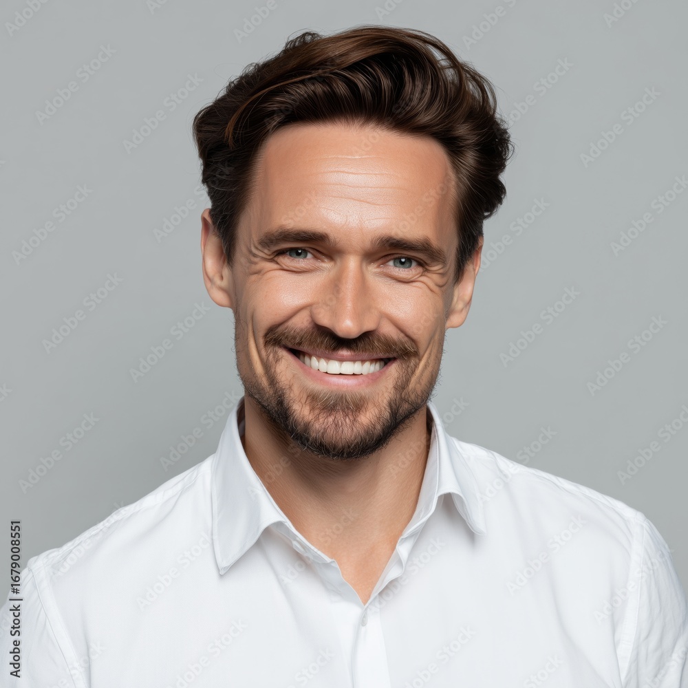 Obraz premium In a well-designed studio, a professional man with a confident smile poses for a portrait