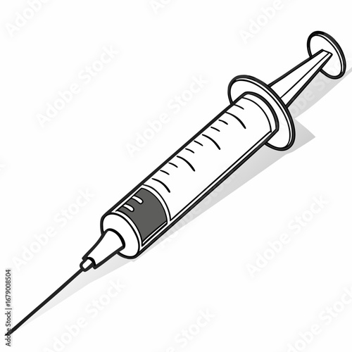 Stylized black and white illustration of a medical syringe with a needle and measurement markings on a white background