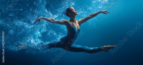 Wallpaper Mural Underwater portrait of a young dancer in fitted sporty attire, elegantly stretched with arms extended and bent legs, joyful expression in vivid blue water under bright light Torontodigital.ca