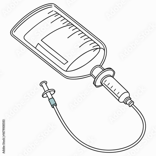 Stylized line drawing of an intravenous fluid bag connected to a syringe with a tube for medical treatment