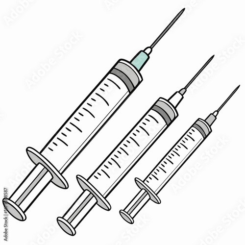 Three medical syringes of varying sizes with needles and measurement markings presented diagonally on a white background
