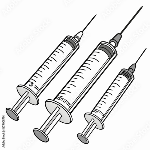 Three medical syringes with needles shown at different angles on a white background in a stylized illustration