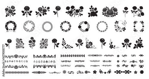 Collection of black and white floral wreaths botanical elements and decorative flourishes for design and craft projects