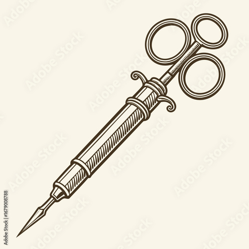 Vintage medical syringe with ornate finger grips and sharp needle in a detailed line drawing style