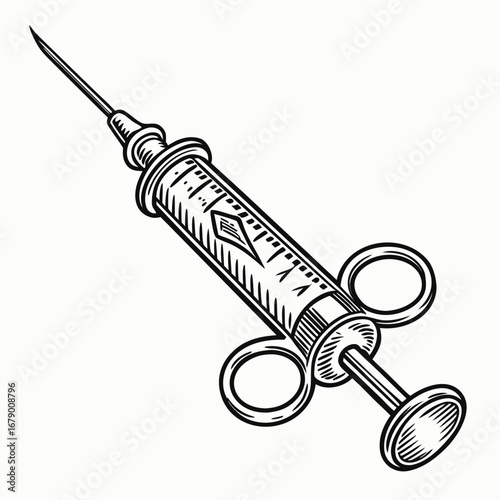 Vintage medical syringe with needle and finger grips in a classic black and white illustration style
