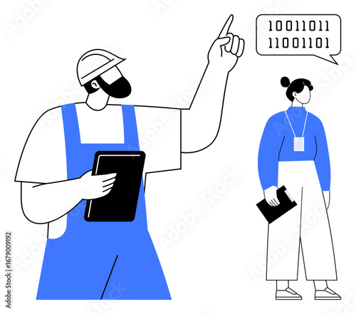 Male construction worker wearing a helmet holding a tablet, pointing upward. Female engineer with ID badge responding with binary code. Ideal for teamwork, innovation, communication, engineering