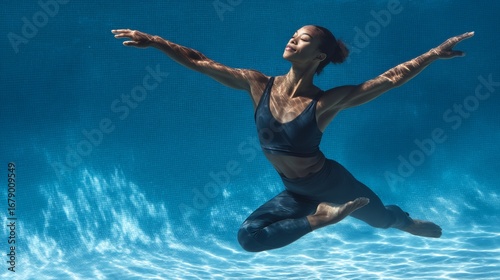 Wallpaper Mural Underwater portrait of a young dancer in fitted sporty clothes, elegantly stretched body with arms extended and legs bent, joyful expression, vibrant blue water and bright lighting, minimal compositio Torontodigital.ca