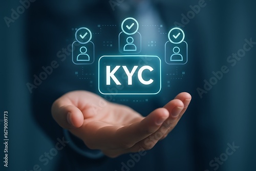 Businessman holding a virtual interface for the KYC or Know Your Customer process, ensuring secure client identity verification and compliance