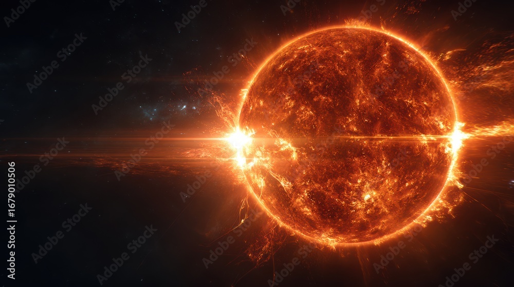 Obraz premium A hyper-realistic cinematic shot of the sun blazing with fiery plasma arcs, glowing intensely in high-definition movie style against the dark void of space