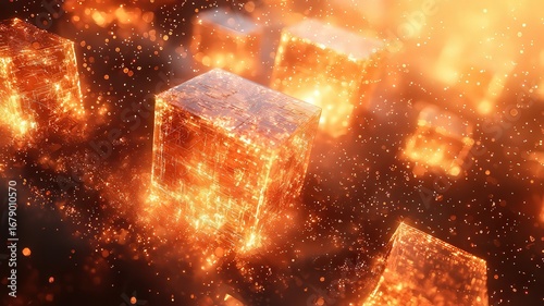 Dynamic glowing cubes in a fiery, cosmic landscape, adiating energy and light,perfect for technology, inovation, or abstract art temes.