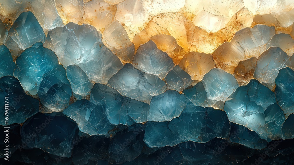 Obraz premium Stunning close-up of layered blue and amber crystals showcasing natural beautyand texture, perfect for wllness, decor, or nature-temed projects.