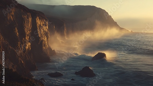 Coastal Cliffs Sunset Ocean Mist Dramatic Scene