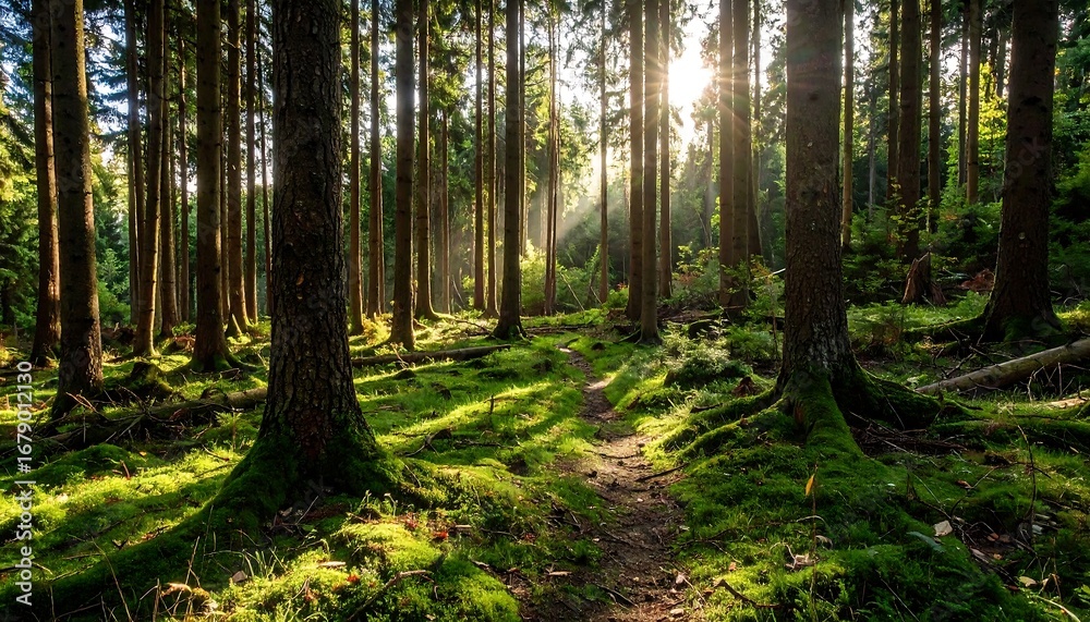 Fototapeta premium Sunlight streams through a lush forest