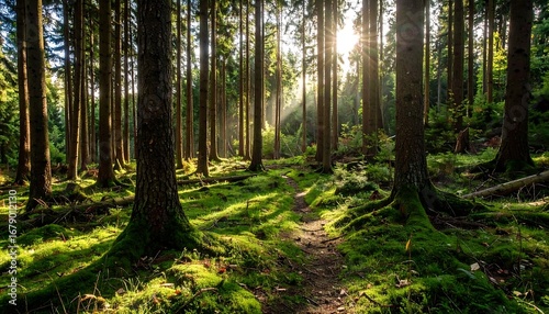 Sunlight streams through a lush forest