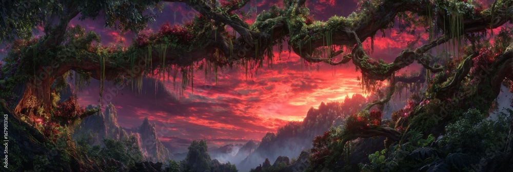 Fototapeta premium Breathtaking Sunset Over Majestic Mountain Landscape with Colorful Clouds and Lush Greenery in Fantasy Realm