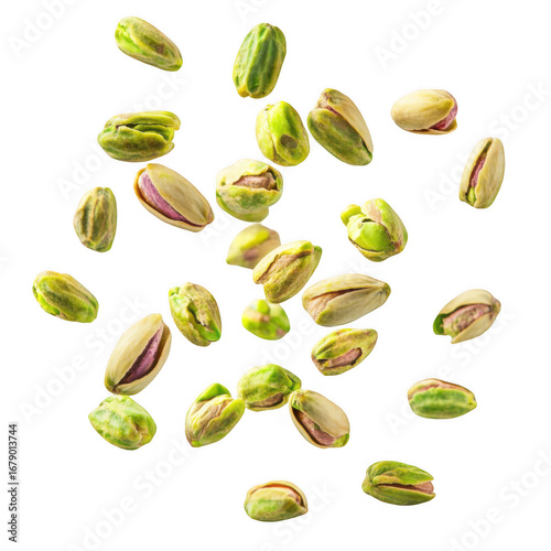 Many pistachios falling against a black background a delicious snack