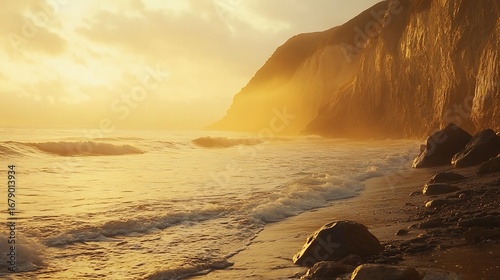 Golden Sunset Over Ocean Cliffs And Sandy Beach