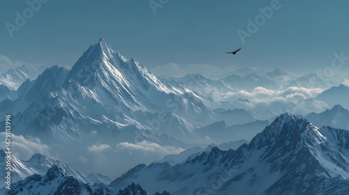 Majestic panoramic view of a snow-capped mountain range rises above a sea of soft clouds, with a lone eagle soaring in the clear blue sky.