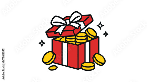 Gift box with golden coins and ribbon, reward prize bonus vector illustration