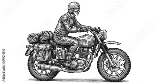 Vintage motorcyclist illustration in gray tones with a retro aesthetic