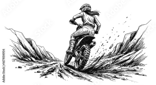Action Illustration of a Motocross Rider Conquering a Rocky Terrain Challenge