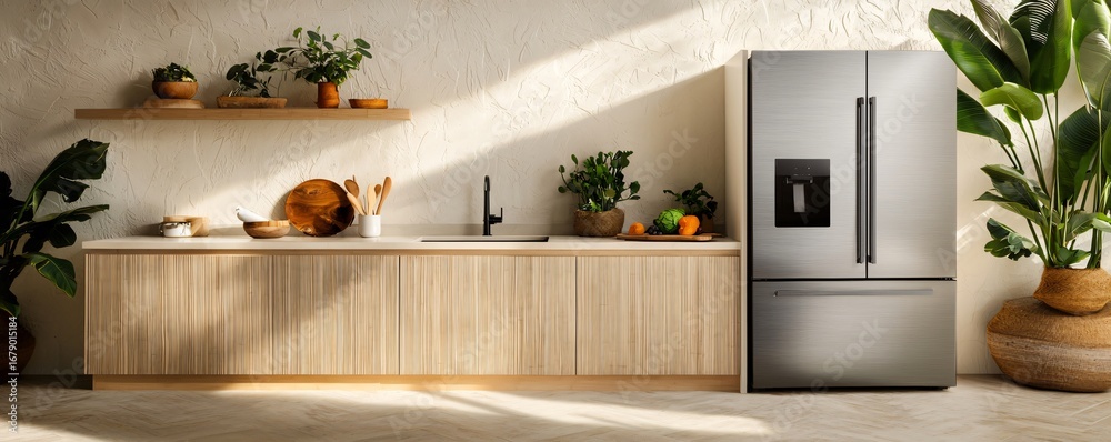 Fototapeta premium Compact kitchen sustainable design with bamboo cabinets and energy efficient appliances, wide angle shot highlighting eco friendly layout.