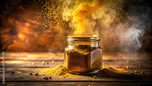 Fototapeta Naklejka Na Ścianę i Meble -  Rustic spice jar glowing softly with golden dust cloud