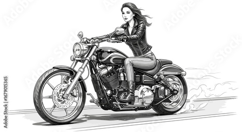 Bold biker girl riding a chopper motorcycle, monochrome illustration style