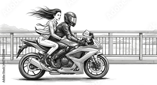 Black and white illustration of a couple riding a sports motorbike bridge